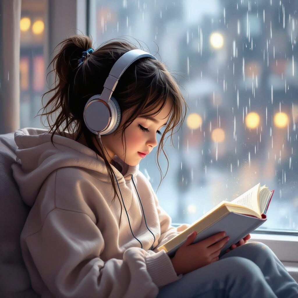 a girl with a hoodie on, with headphones on and reading a book. Sitting close to a window in a library with floor-to-ceiling windows. It is ...