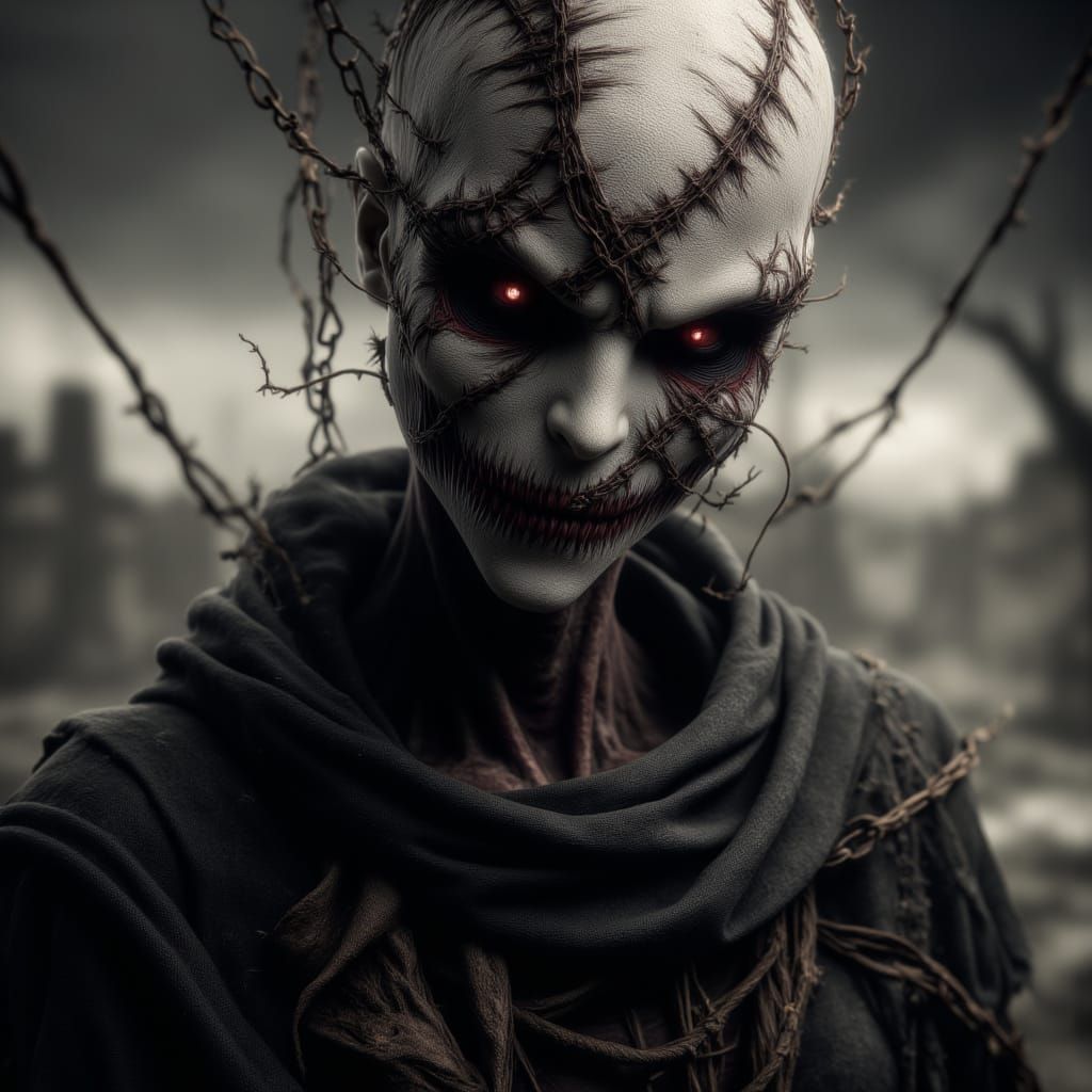 <lora:Obscured Horror:1.0> A professional rendering, hyper-realistic, highly detailed close mid-shot of a stitched revenant with translucent...