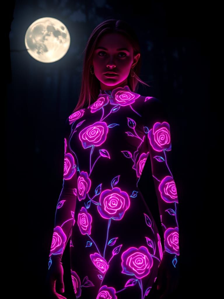 Woman wearing black full body zentai bodysuit with roses pat...