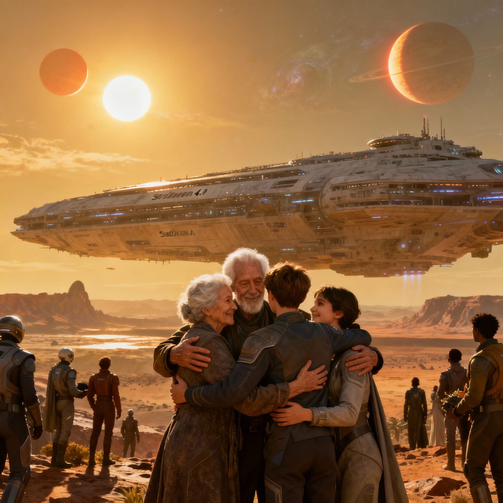 Seedream 4.0 highly creative. A reunion photo from a generation ship arriving at a new exoplanet, 2300. ...  by @Sandy 