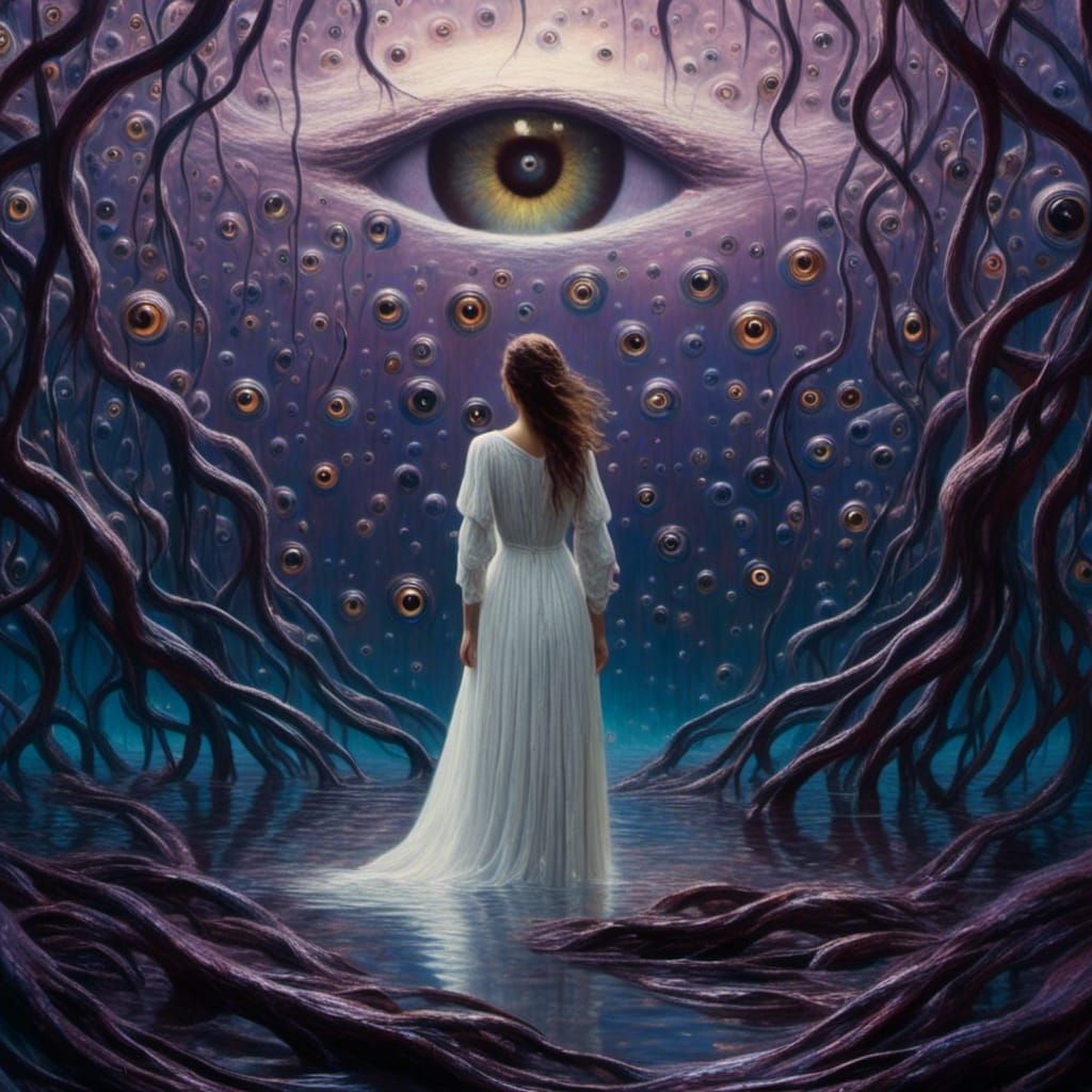 Surreal Woman and Colossal Eye in Moody Light