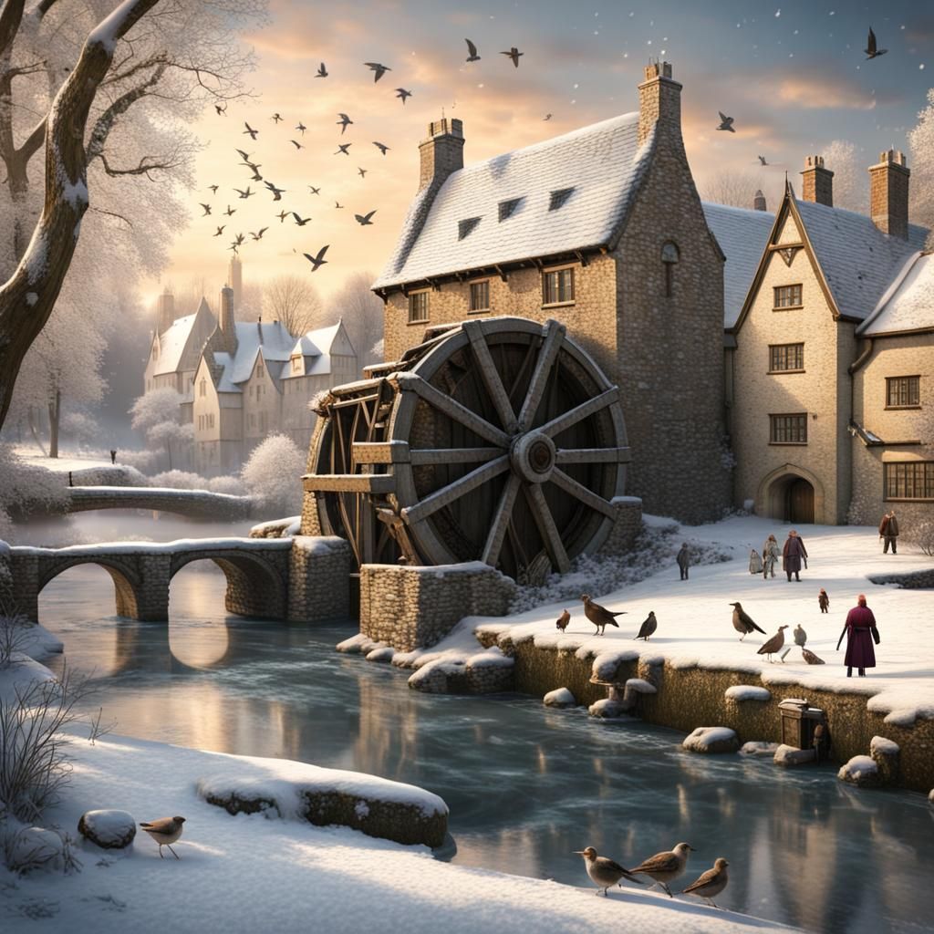 Frozen waterwheel in a medieval English village with a froze...