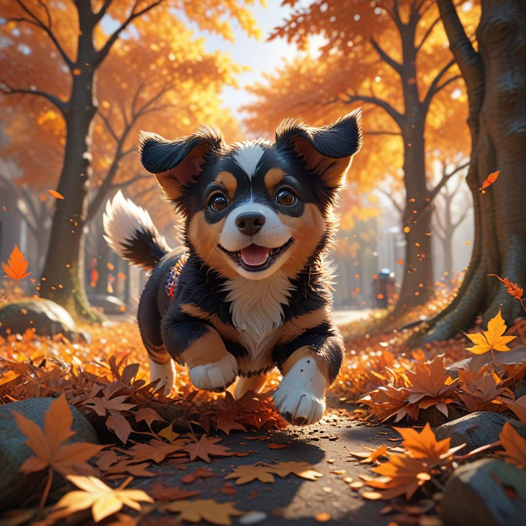 Playful Puppy Jumps in Autumn Leaves - 3D Anime Style