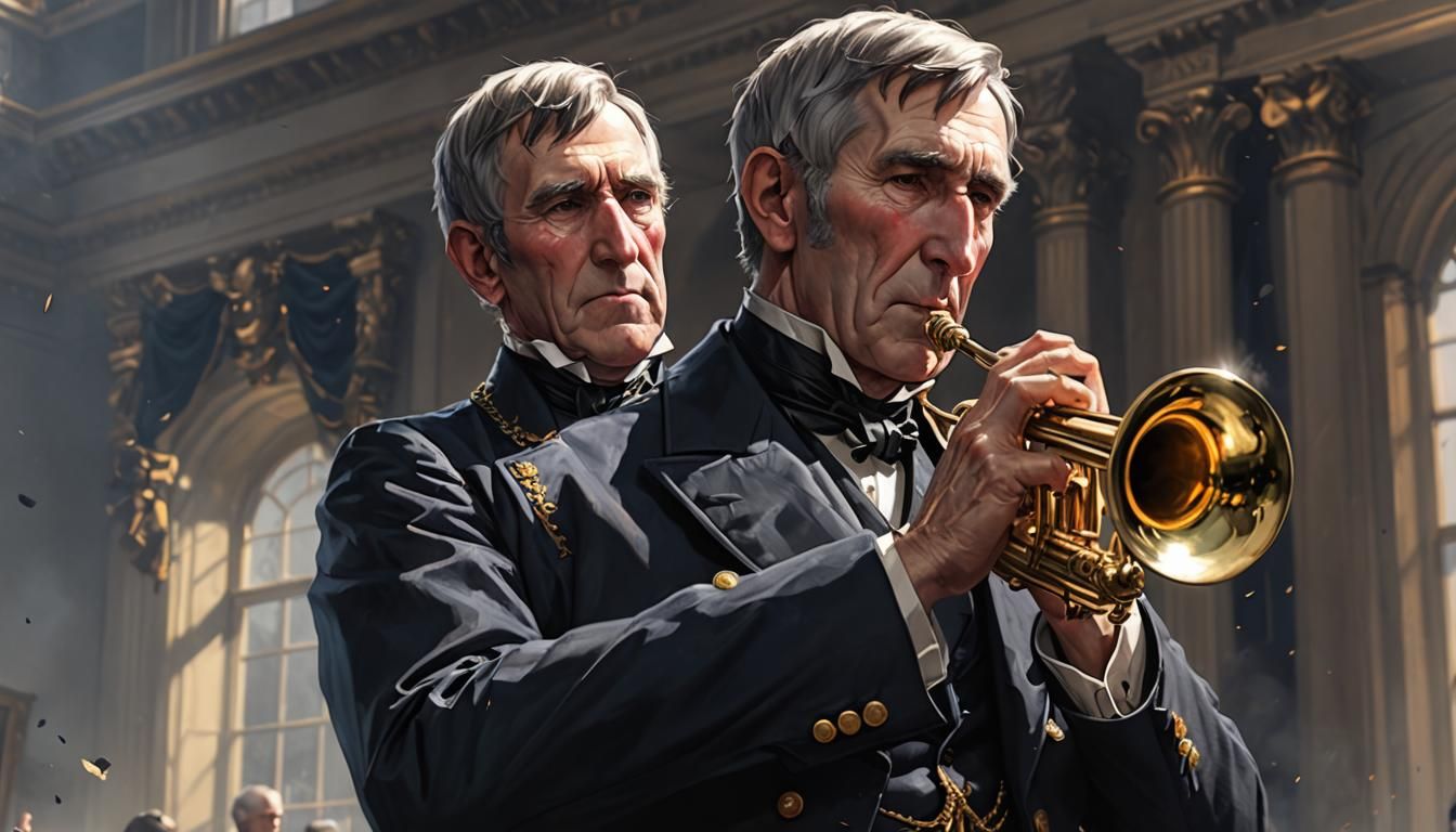 President William Henry Harrison playing a trumpet.