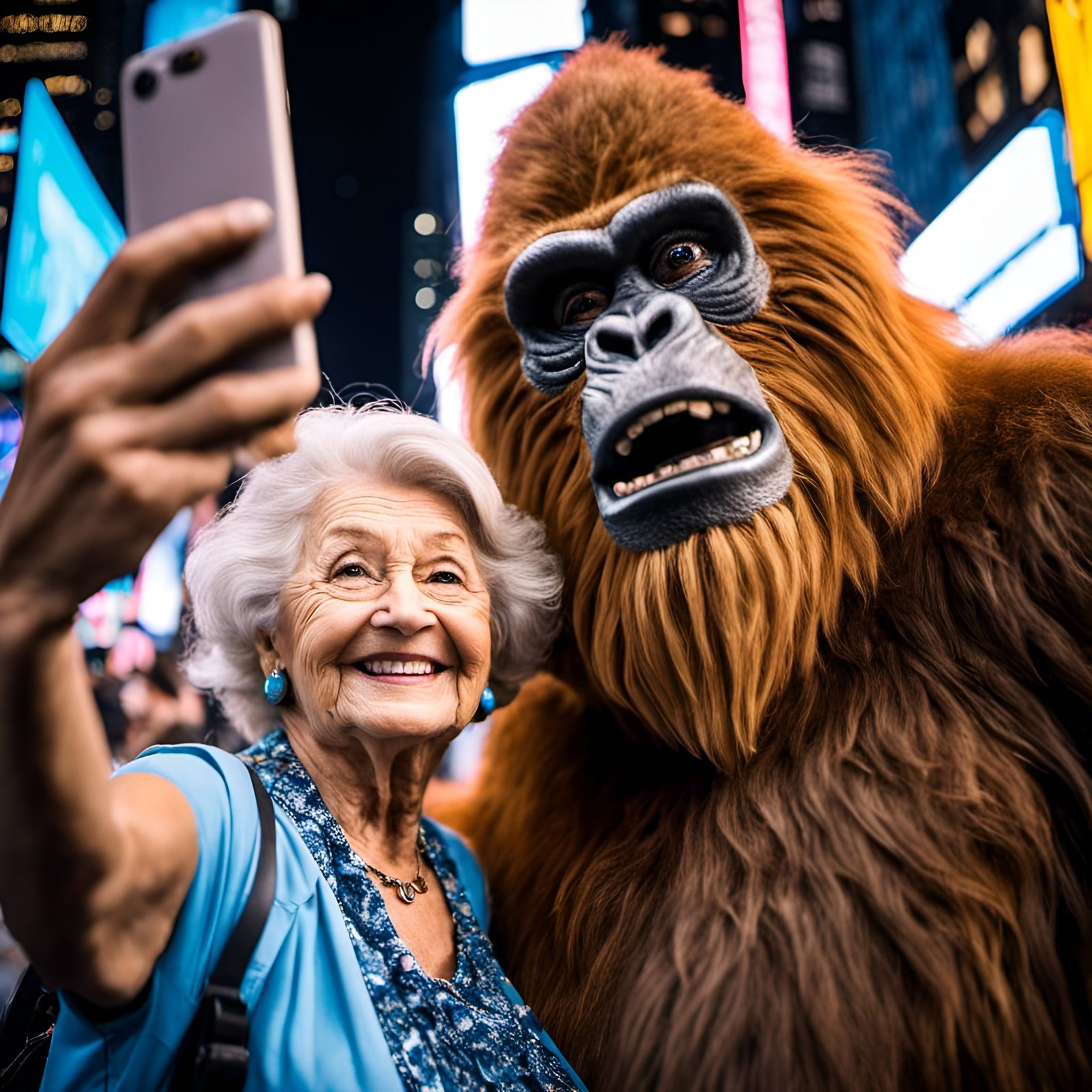 Grandma & Bigfoot Selfie in Times Square📱  by @Sharonjoy