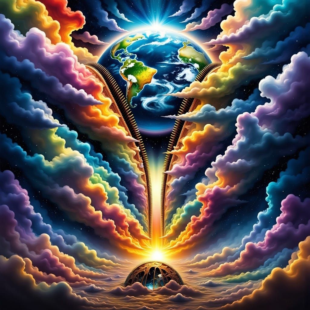 a surreal, dreamlike scene of a luminous, half planet earth, thorned by a zipper its rounded form subtly integrated into the curves of a cry...