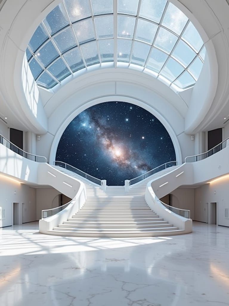a cinematic image of a vast, futuristic galactic entrance hall rendered in elegant minimalist architecture — smooth white marble floors refl...