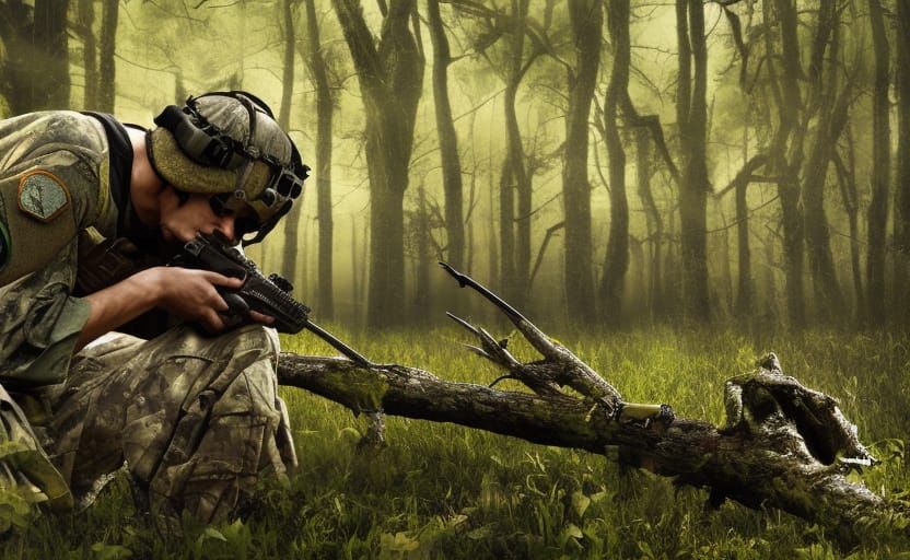 Army ranger in FOREST camouflage sitting on a fallen tree at...