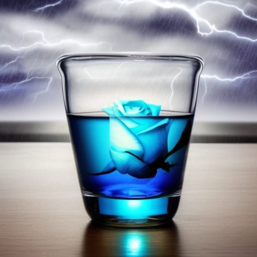 blue rose in a glass near the window with a storm in sky