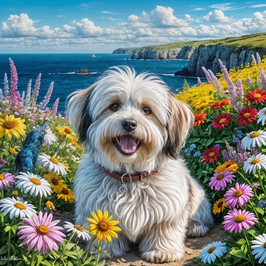 Cheerful Havanese Dog with Wildflowers and Seascape