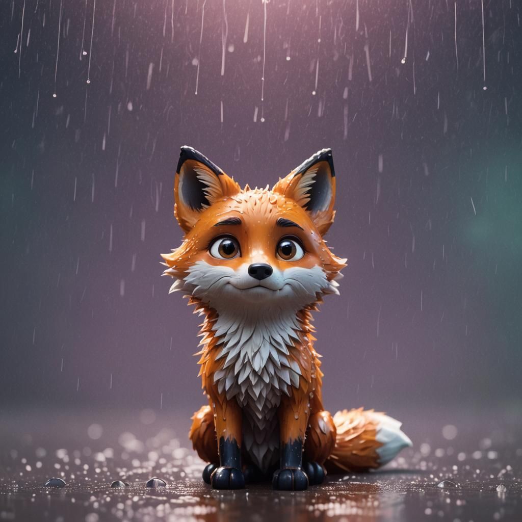 sad cute fox with big eyes rain