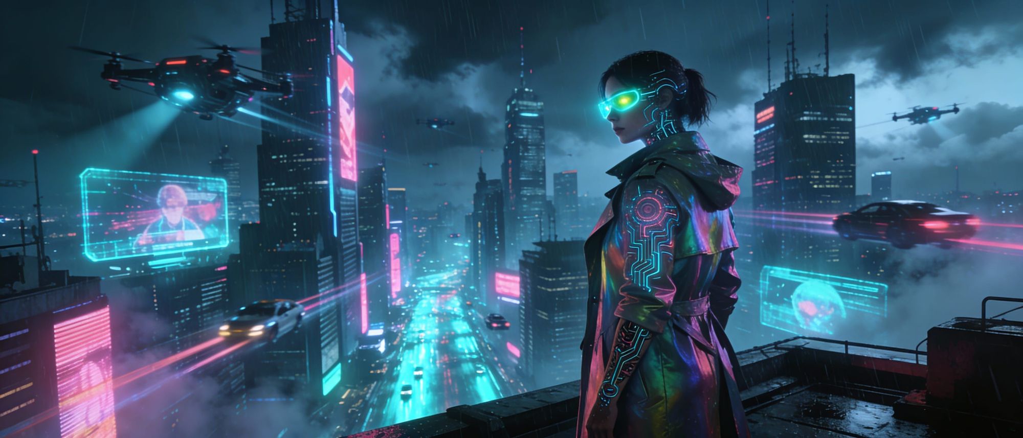 “Epic cyberpunk megacity at midnight, towering neon-lit skyscrapers piercing storm clouds, flying cars streaking through holographic billboa...