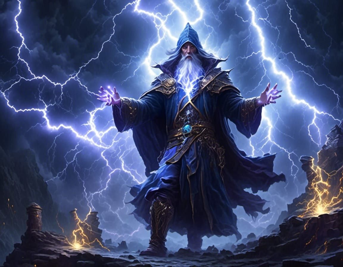 a wizard casting a lightning spell in a dungeon. <lora:Intense Lightning:1.0> 