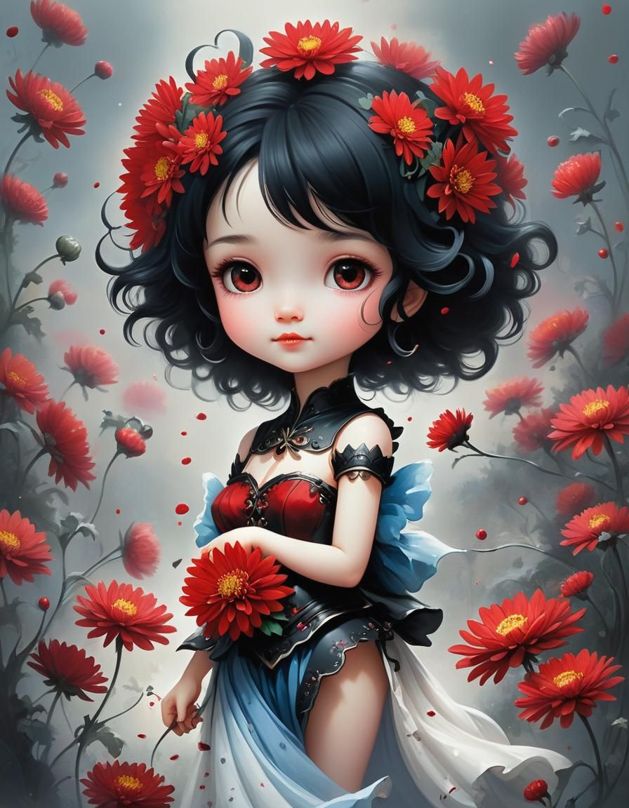 Girl with red chrysanthemums