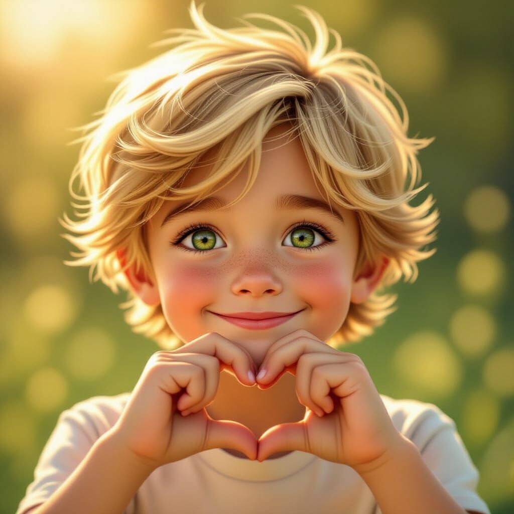 Blonde Boy Makes Heart Shape in Golden Hour Light