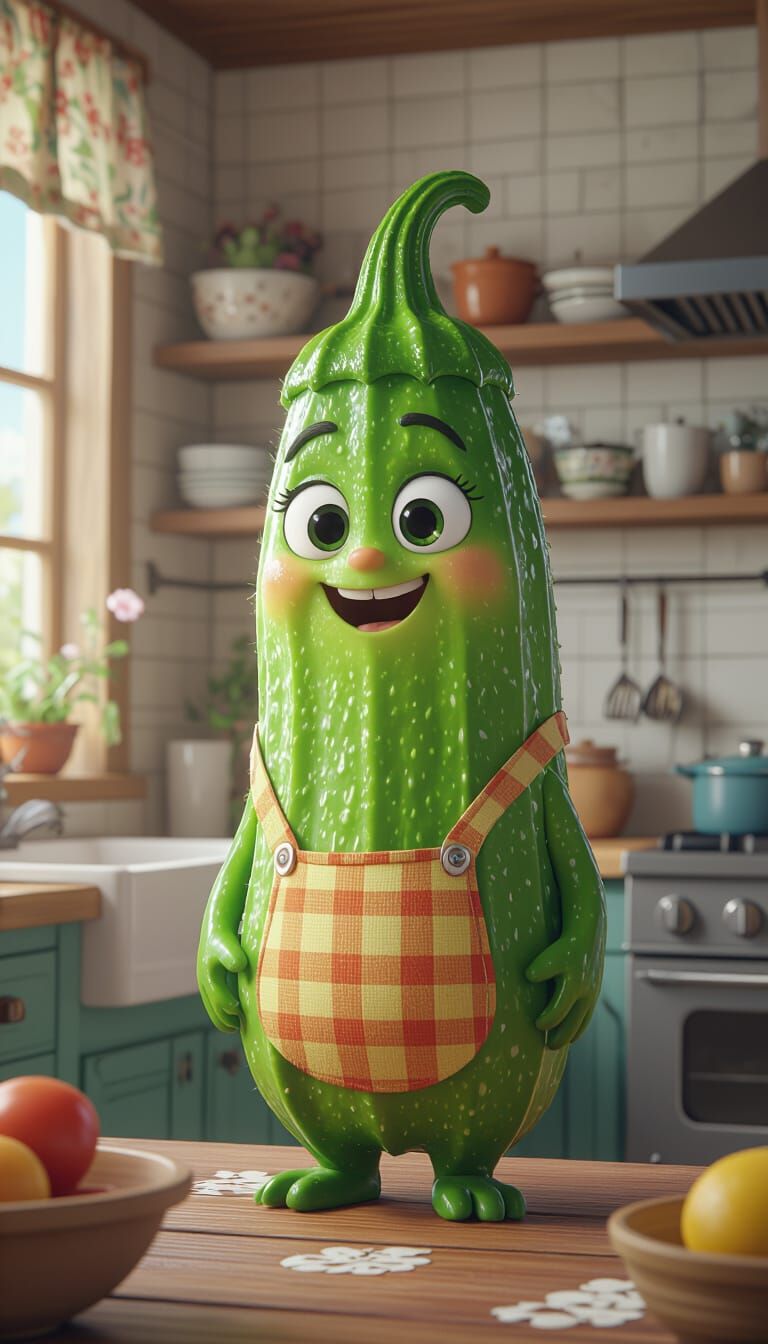  A cute, cuddly okra character, have cute face, smiling in a vibrant kitchen, Pixar style, with detailed matte painting, deep colors, and in...