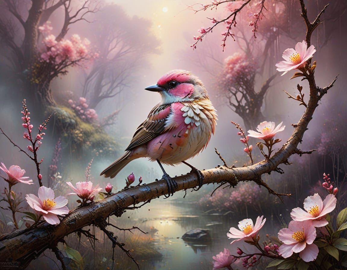 dreamy little pink bird in misty forest  by @Fiona Etkin 1974 
