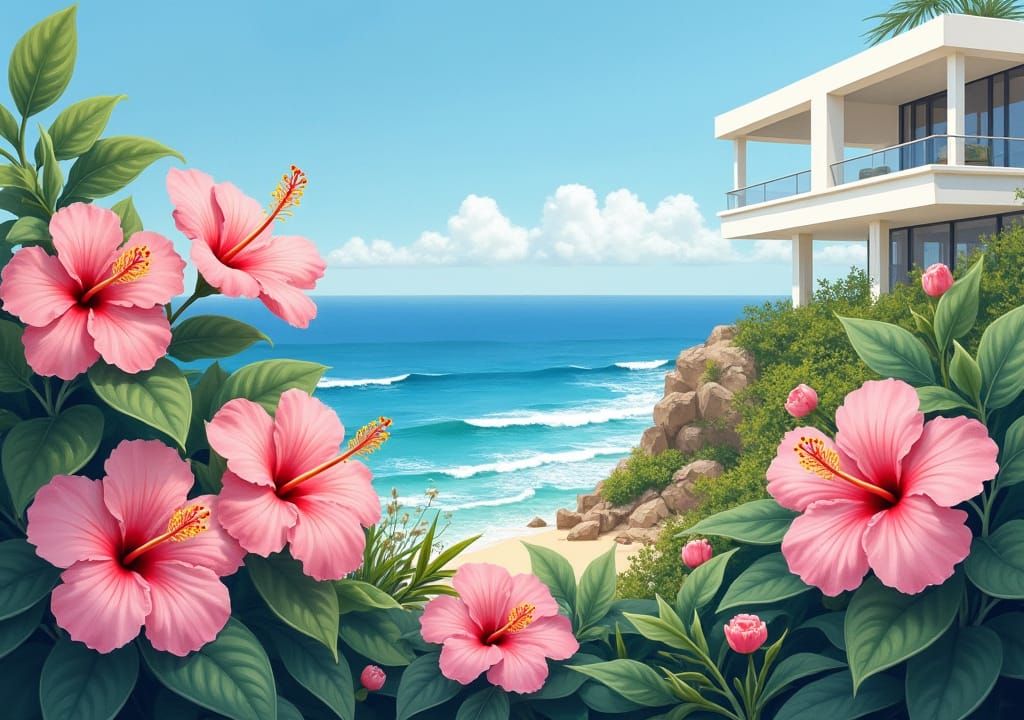 pink hibiscus flowers in a flower bed near a hotel on our ocean,