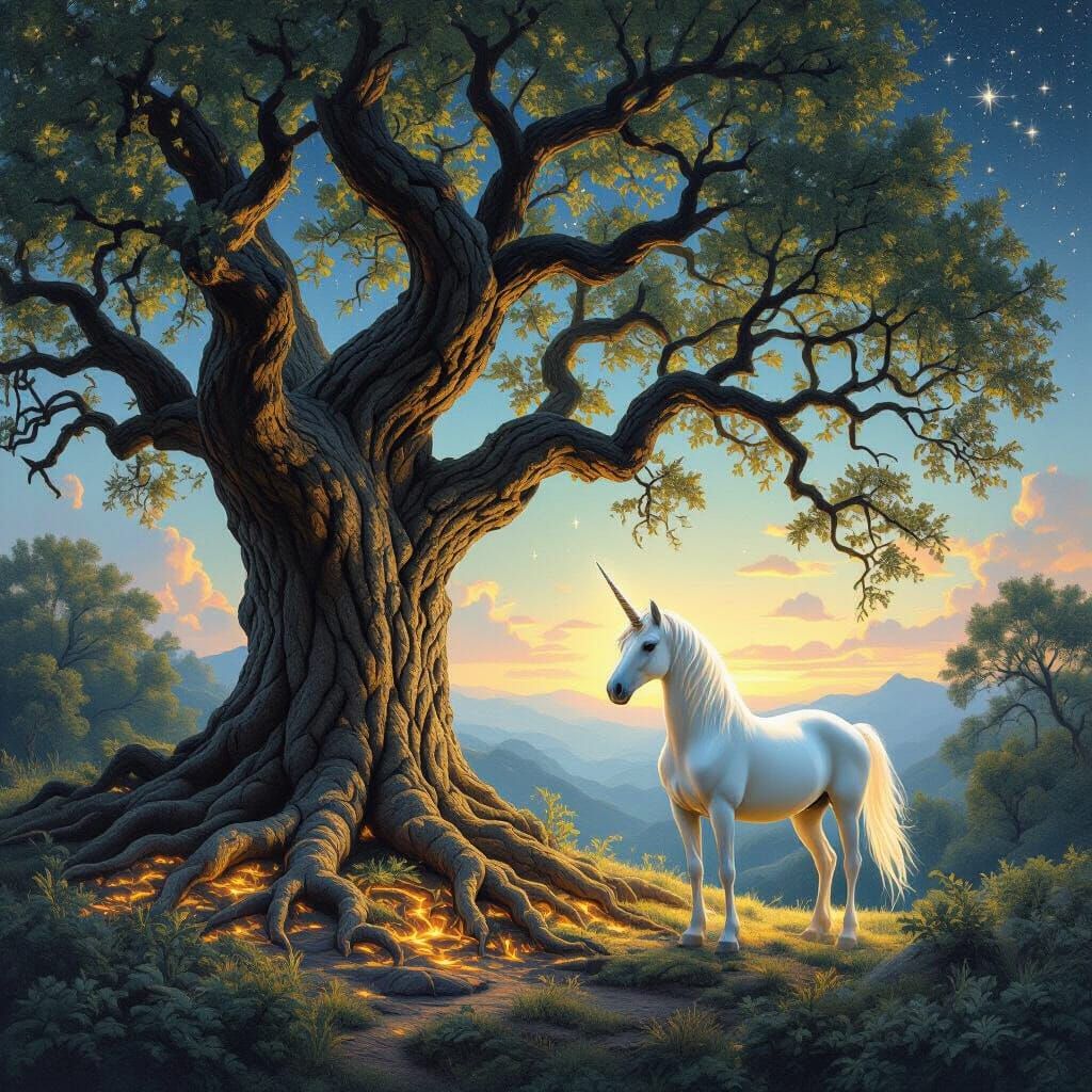 A majestic ancient oak tree, its branches reaching towards a serene, star-filled night sky, with roots deeply embedded in mystical, glowing ...