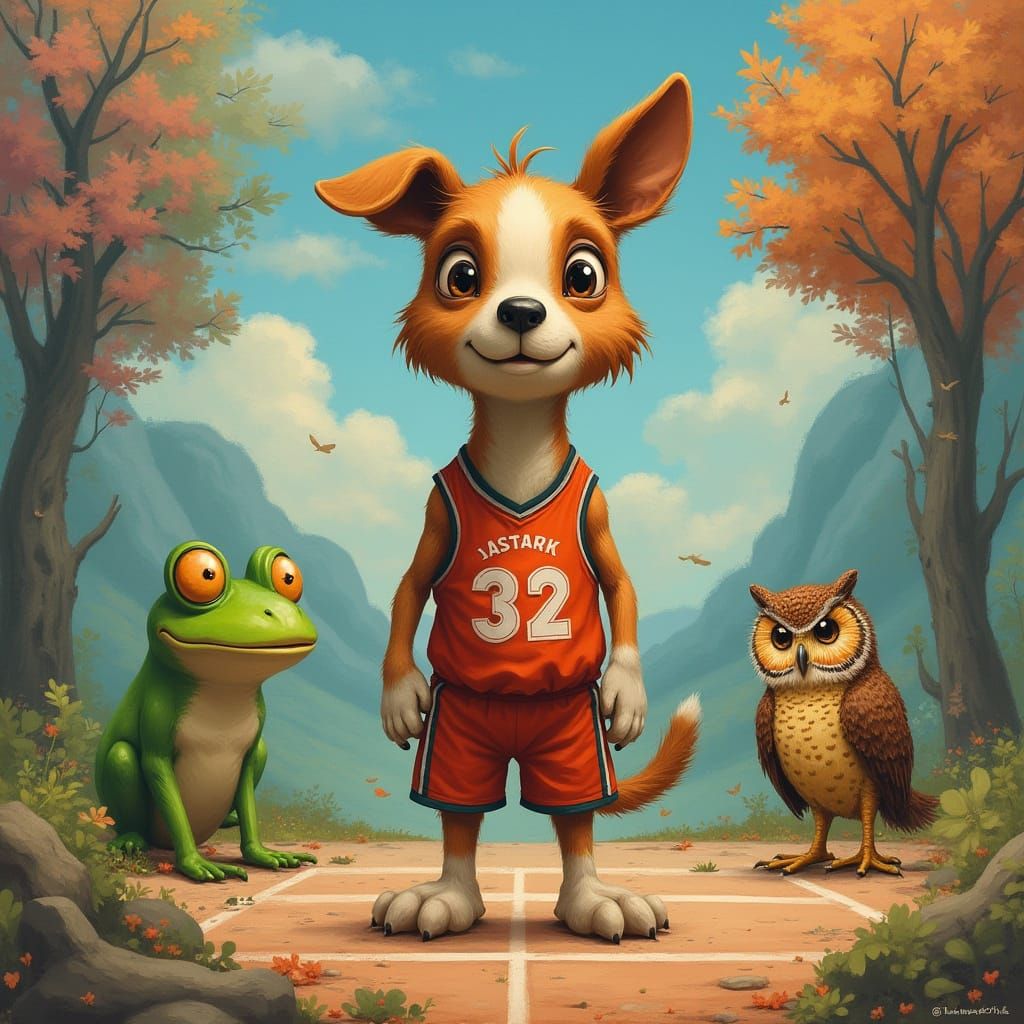 Dog Plays Basketball with Owl and Frog