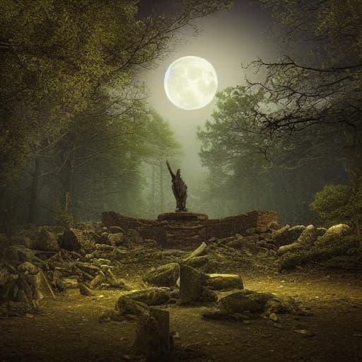 fallen statue in the forest under a full moon
