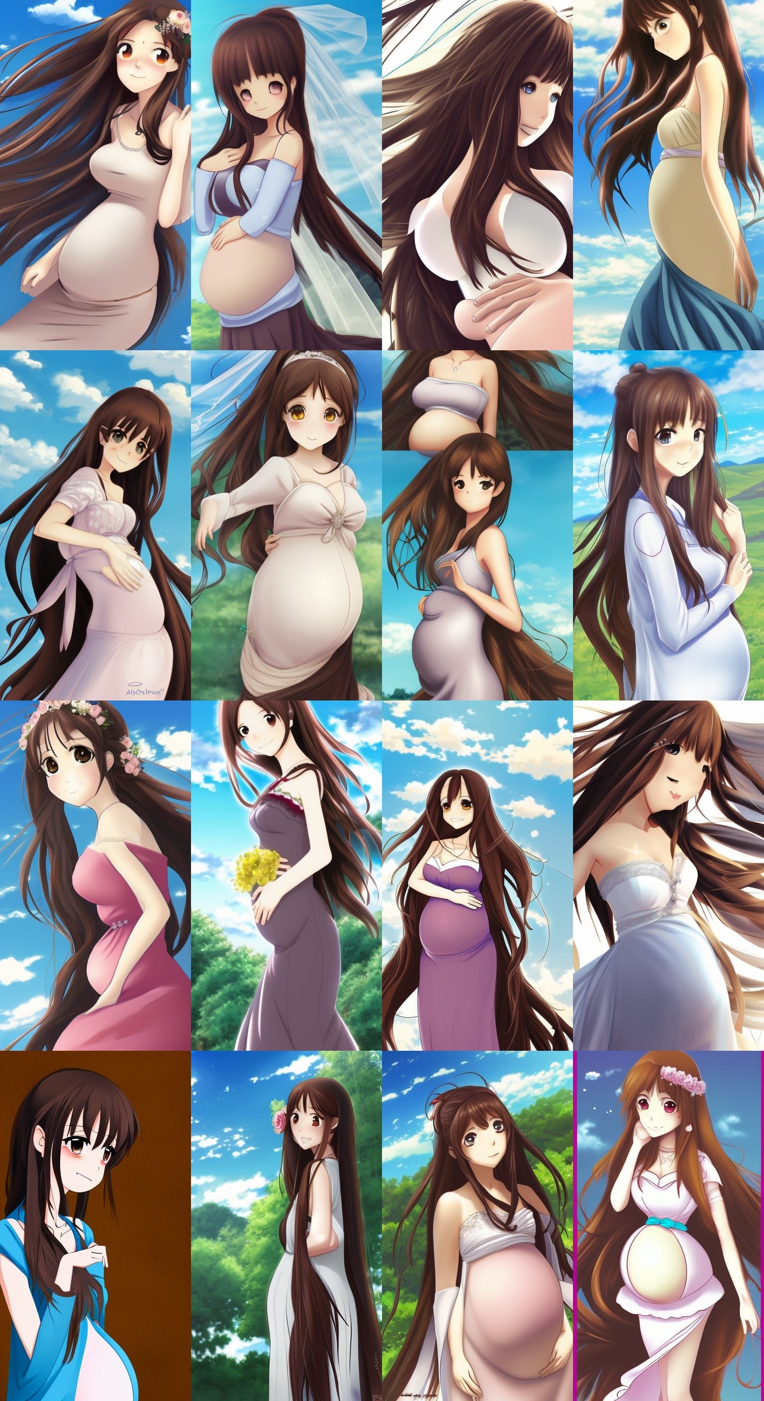 pregnant, wedding, long brown hair, blue sky, 1 girl