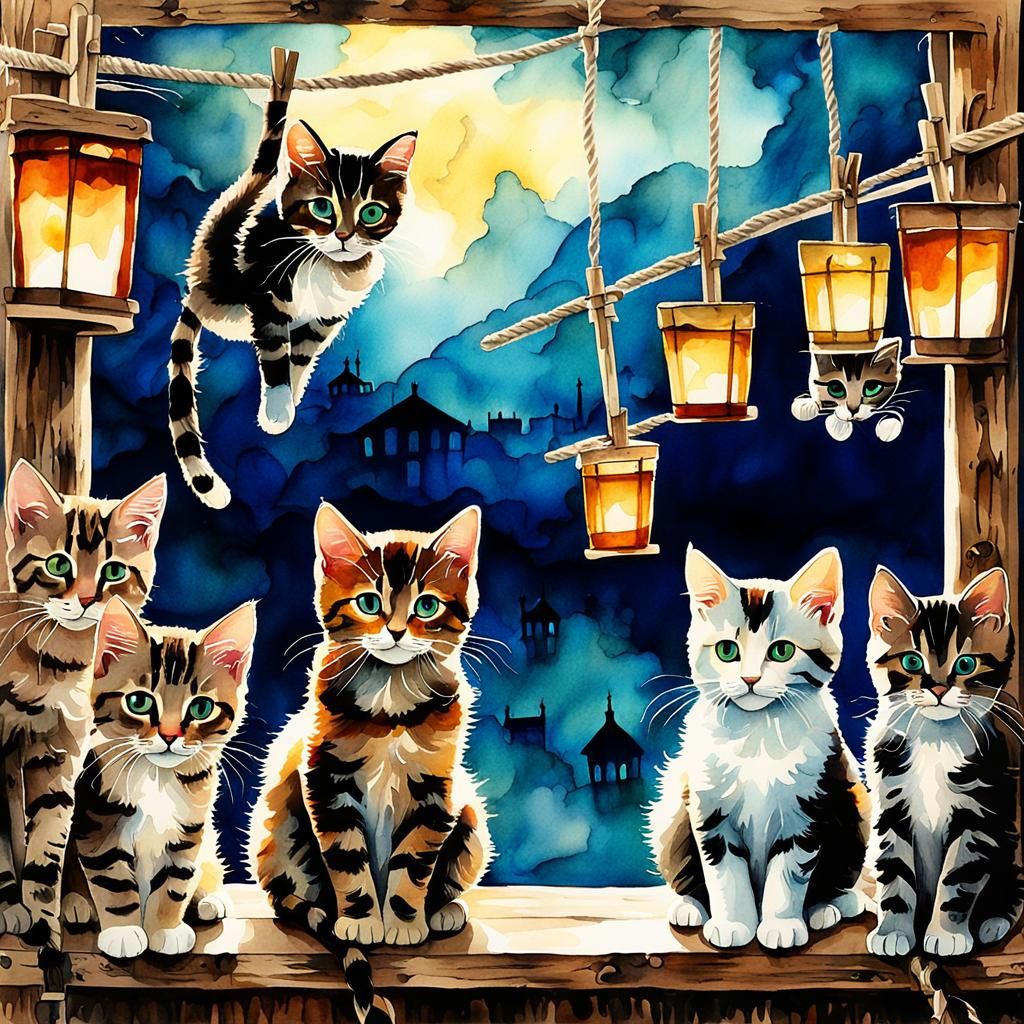 Kittens Hanging on a Rope: Watercolor Art