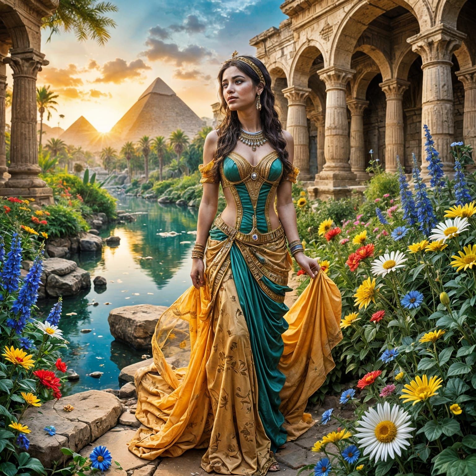 Beautiful woman poses in Egyptian ruins and garden