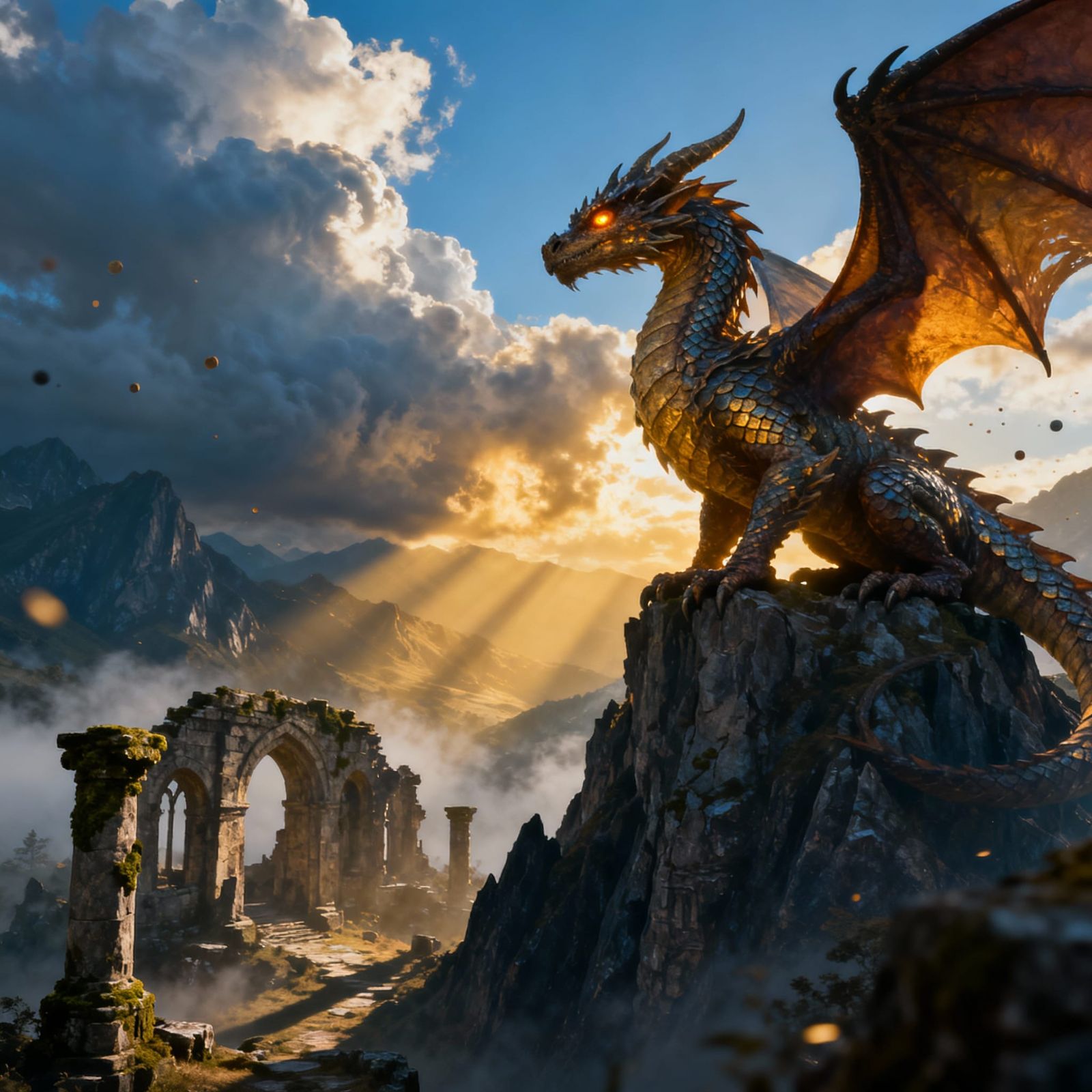 Dragon on Mountain Peak Overlooking Ancient Ruins
