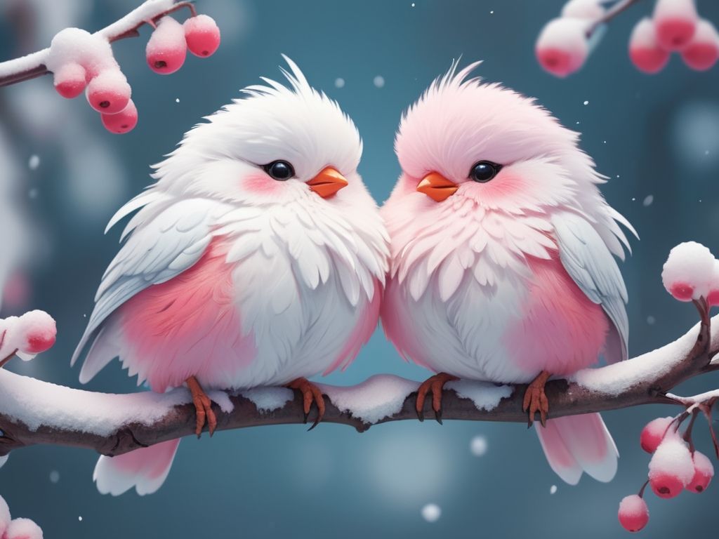 Two Fluffy White and Pink Cute Birds