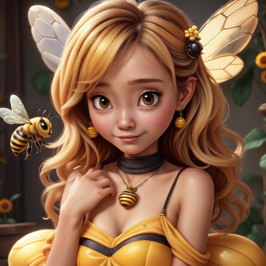 A Realistic Detailed Image Of 30k Pixel Size A Kawaii Female Hugging A Cute Bee Her Hair Is 