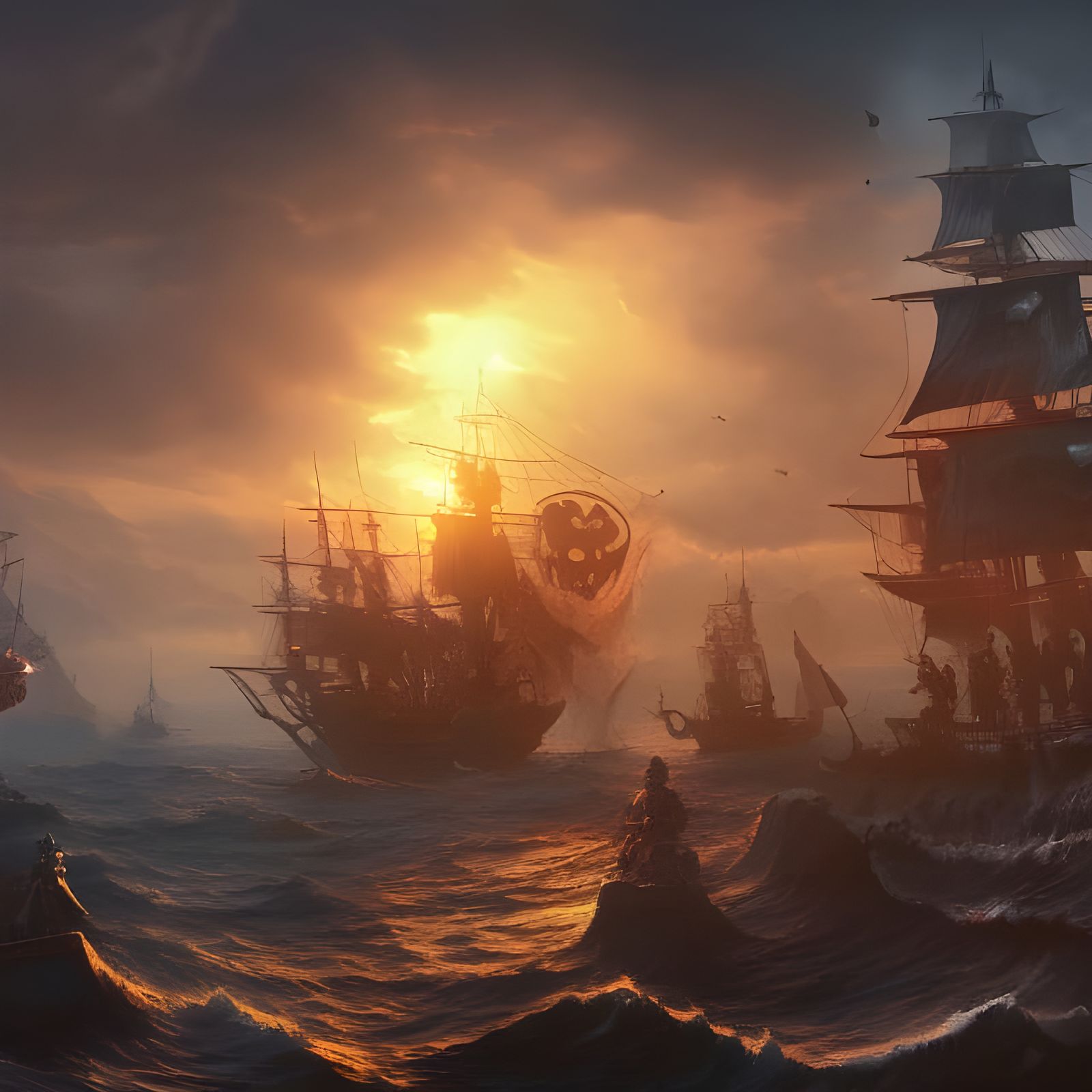 Pirate's war on sunset detailed matte painting, deep color, fantastical ...