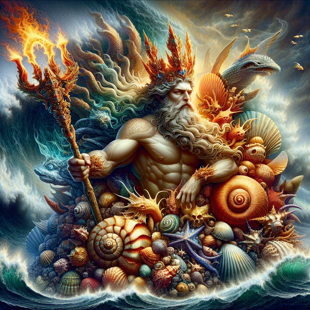 King neptune with his fiery Triton on a mound of exotic seashells.