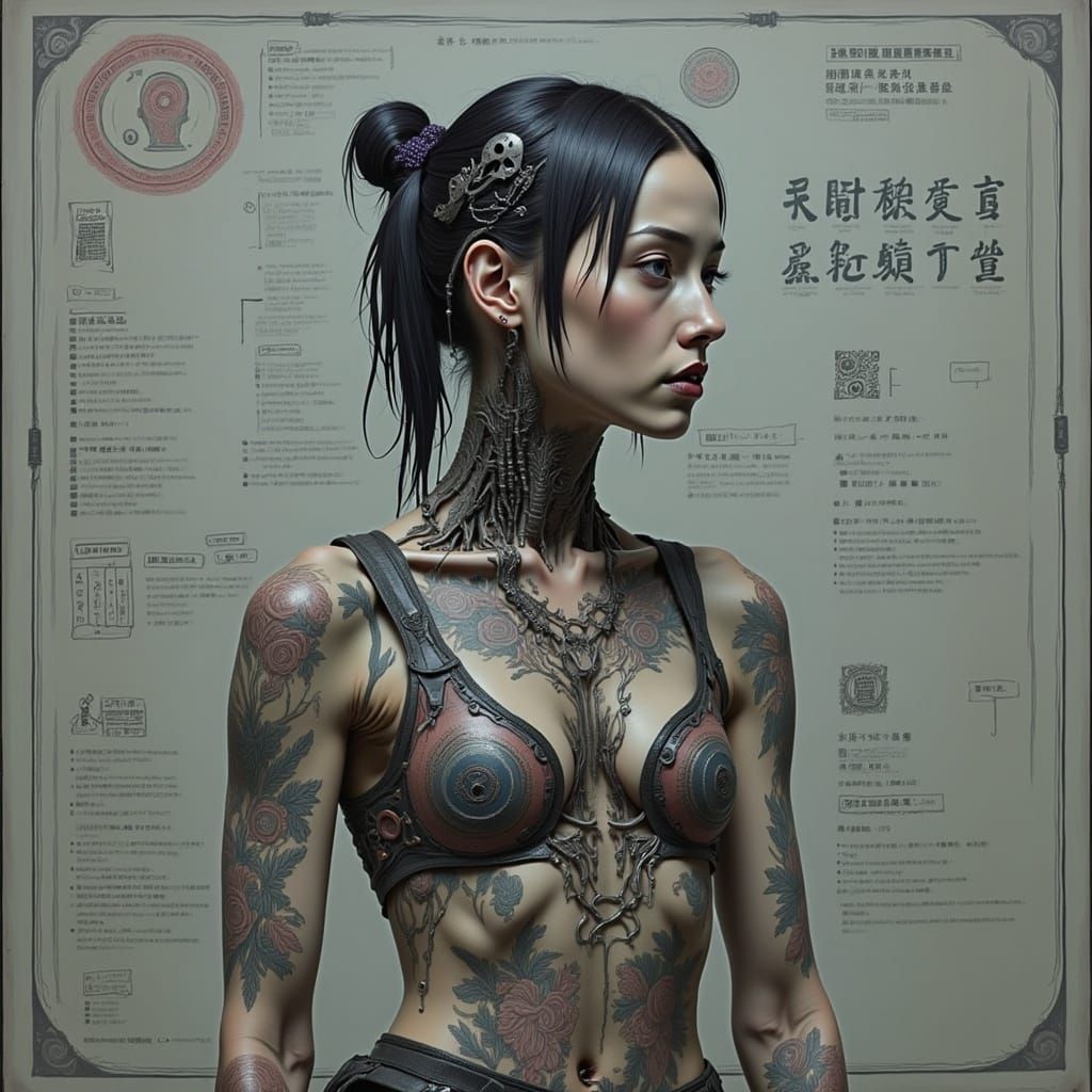 <lora:UnBroken 2p0:1.0> front profile of (lasciviously glancing) young cyberpunk woman wearing (an anatomy chart pattern sari); glowing LED...