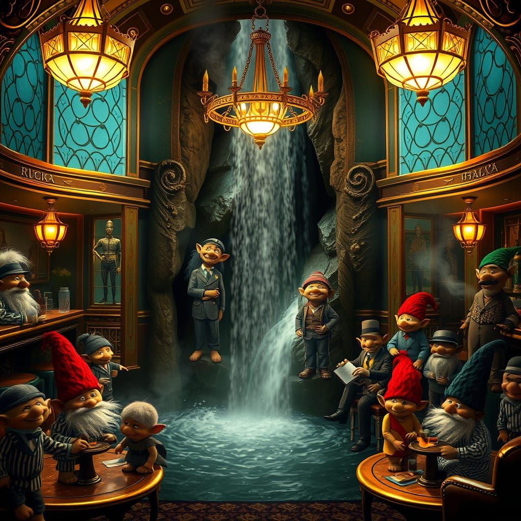 A surreal, enchanting scene set in the 1920s speakeasy era, where an unexpected waterfall cascades dramatically ...  by @Hidden_Phantom