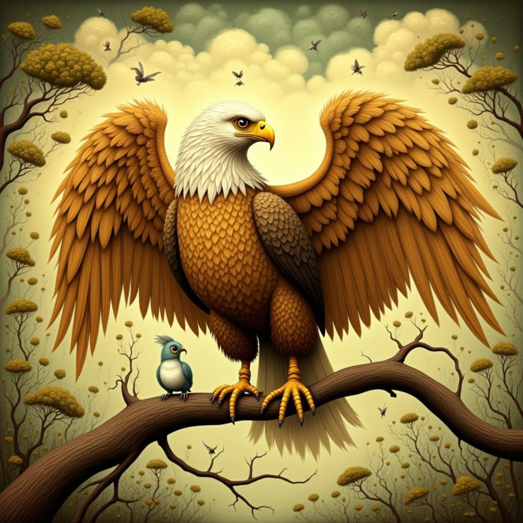 <lora:Quirky Charm:1.0> golden, majestic bald eagle, illustration, texture, whimsical, surreal, textured,