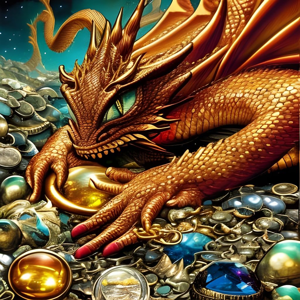 a dragon sleeping on top of a huge pile of treasure of jewels and gold ...