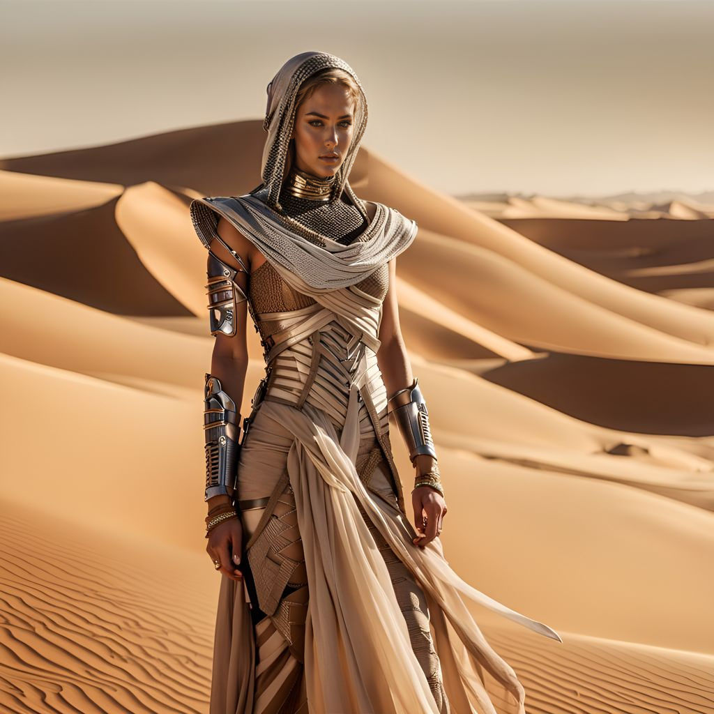 Dune-Inspired Cyberpunk Model in Desert Landscape