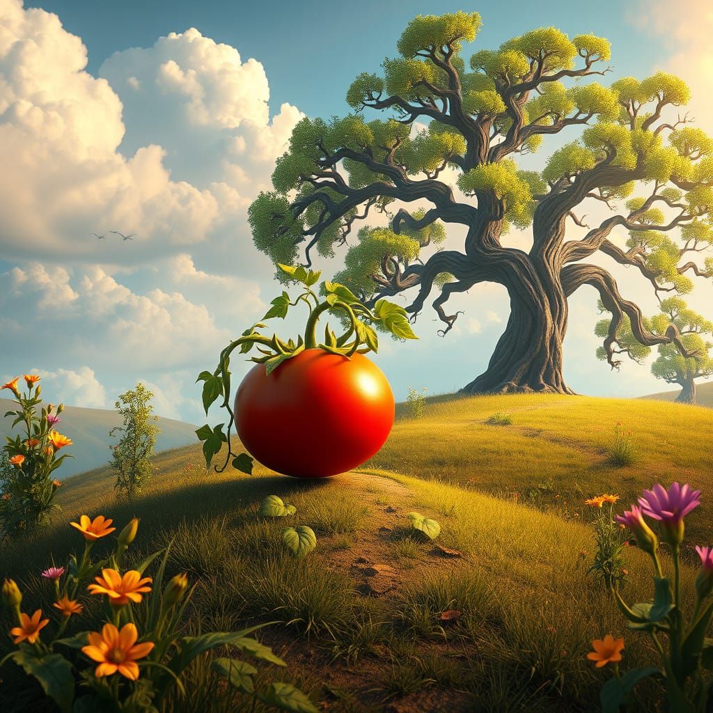 Whimsical Tomato Adventure in Vibrant Fantasy Landscape