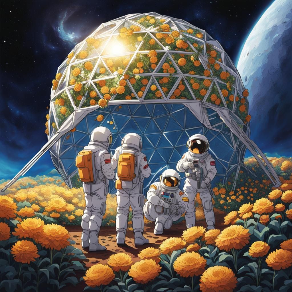 Three men in spacesuits tending to the flowers in a geodesic...