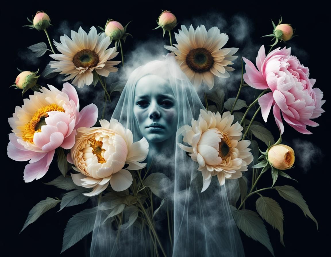 Spectral Bouquet of peonies, sunflowers, roses, double expos...