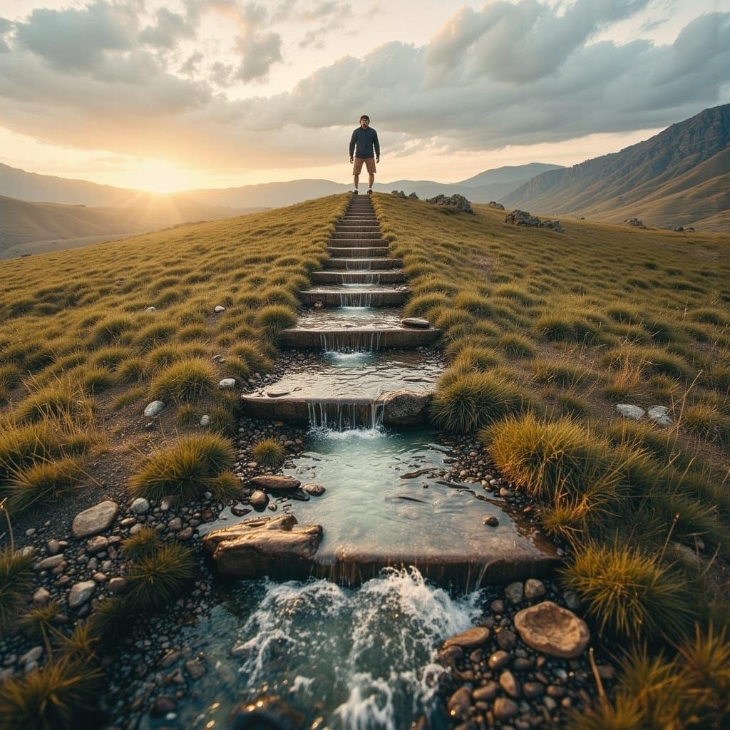 <lora:Surreal DE:1.0> Double exposure photography of an Endless Staircase and a Flowing River, Double exposure surrealistic photography by...