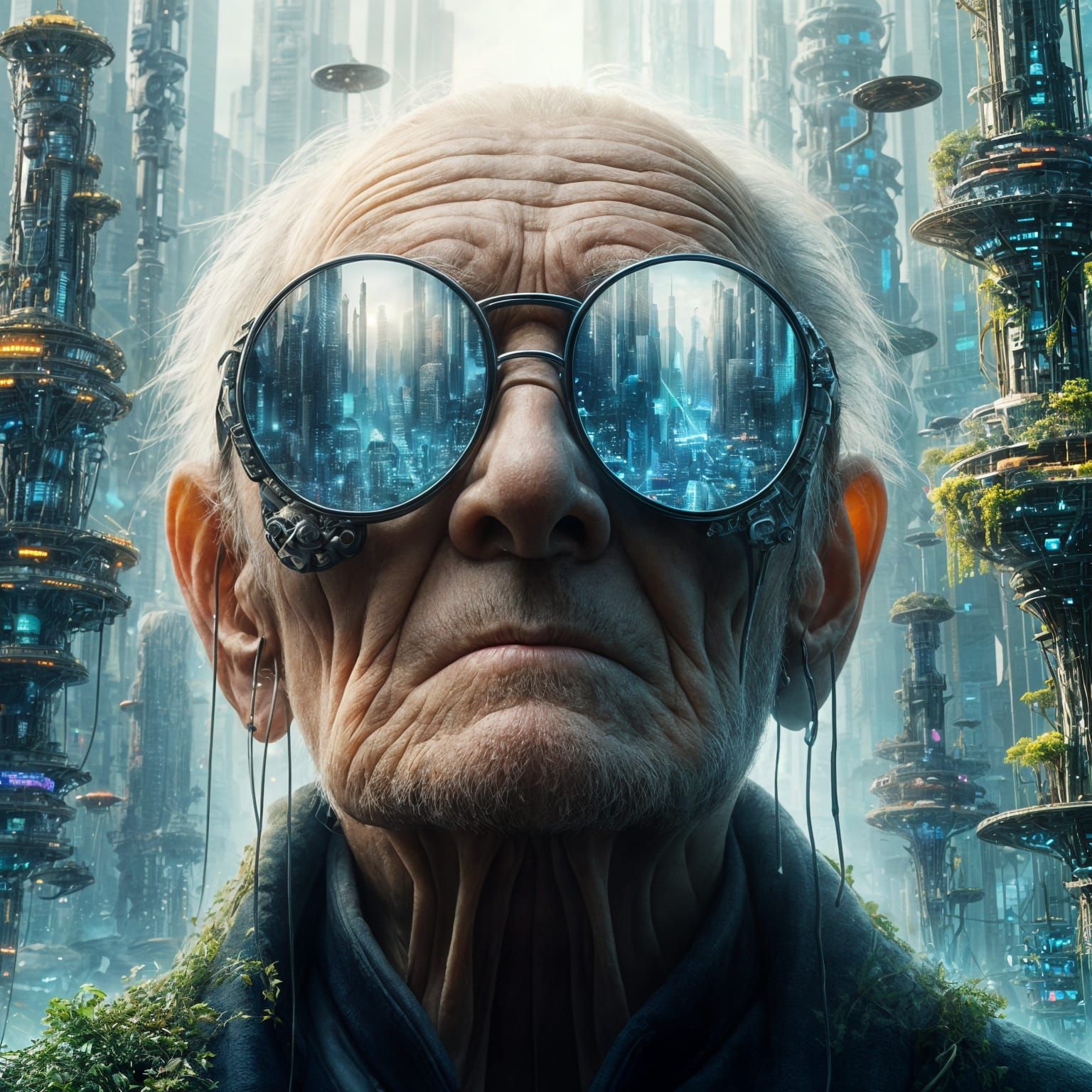 Old man in futuristic city