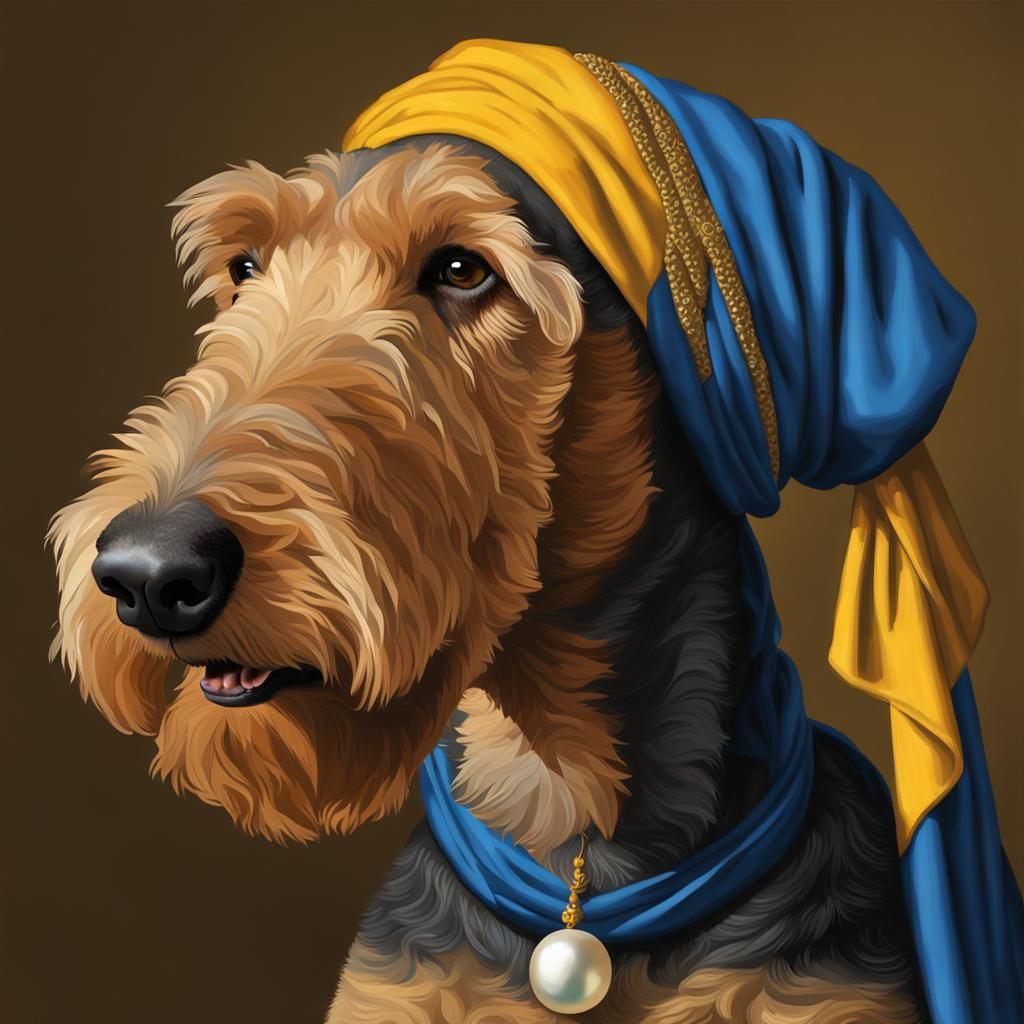 A hyper-realistic digital artwork of an grown up Airedale Te...