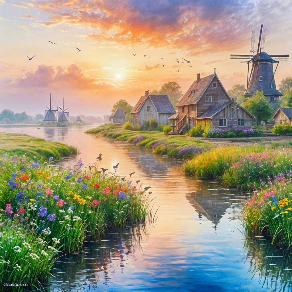 Dutch Wooden Houses & Windmills at Dawn