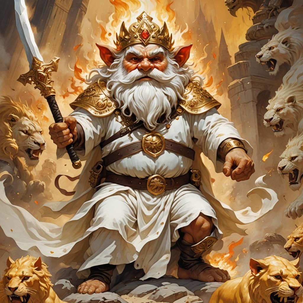 Gnome wearing a diadem clothed in white robe riding a golden lion with a golden sash across his chest holding a flaming sword