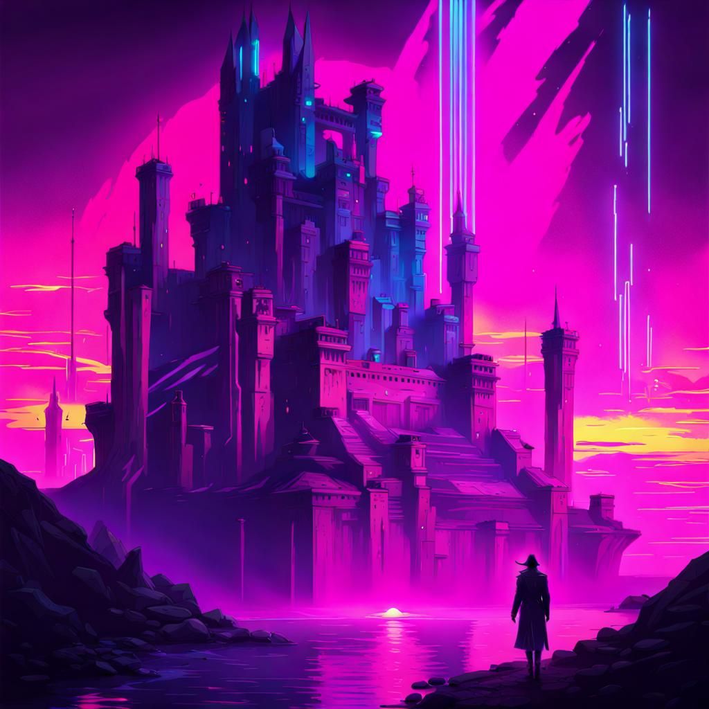 Psychedelic fantasy castle synthwave neon retro cyberpunk 20...
