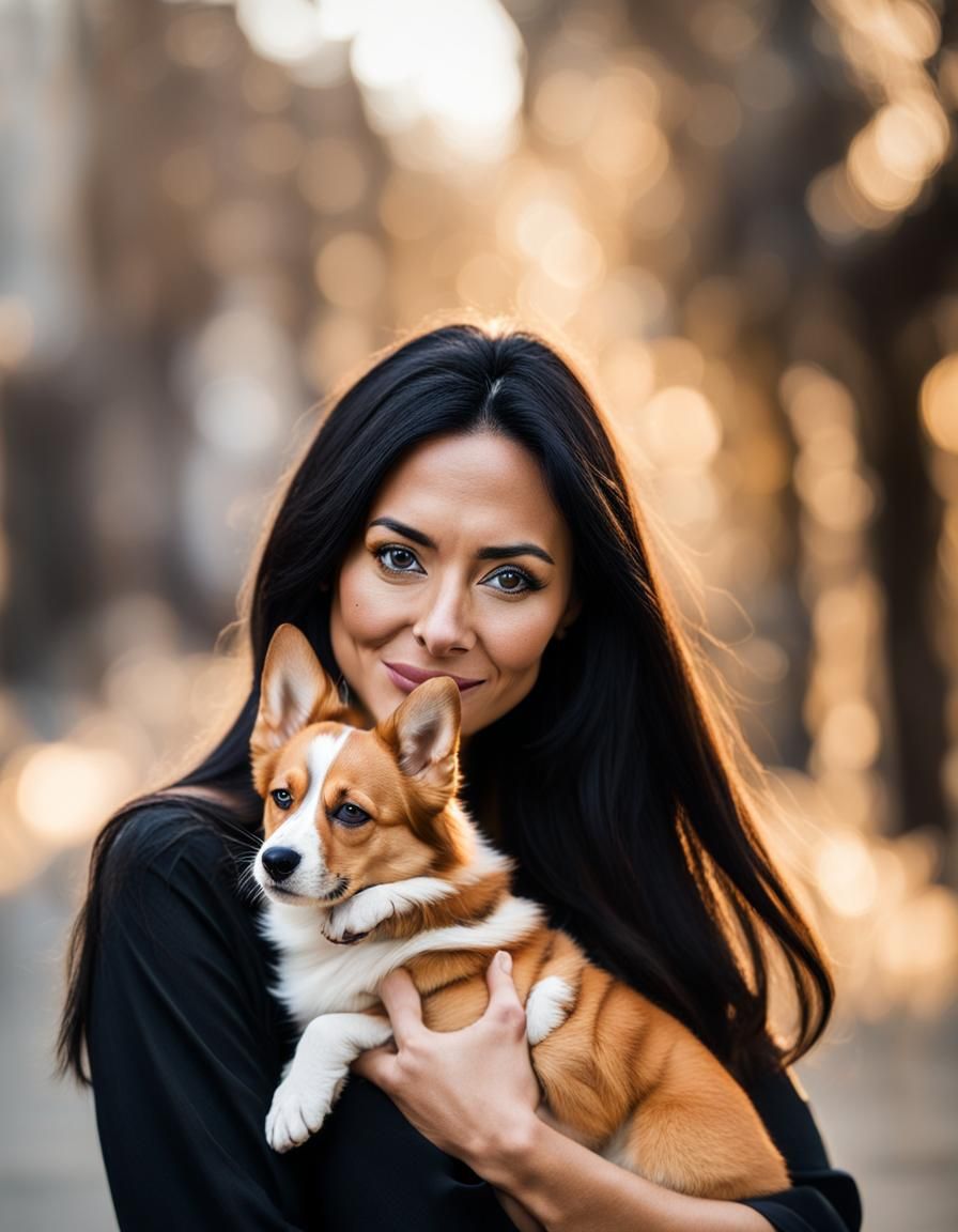 Woman with long black hair, brown eyes, golden skin, light f...