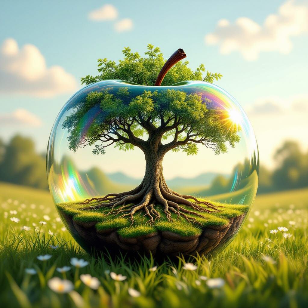 Whimsical Fantasy Tree Rooted Inside Transparent Apple