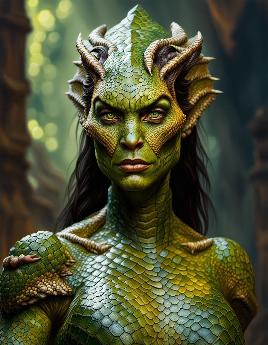 Reptile woman, beautiful face and eyes , reptile skin,8k resolution ...